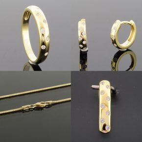 FGS-09 - Smykkesæt Ring, Creoler, Vedhæng, kæde, Zirkonia, Forgyldt 