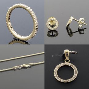 FGS-13 - Smykkesæt Ring, Ørestikker, Vedhæng,  kæde - Forgyldt Sølv