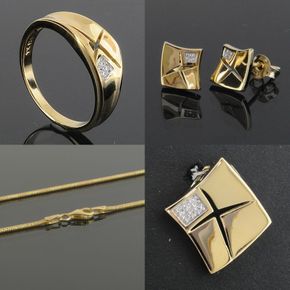 FGS-14 - Smykkesæt Ring, Ørestikker, Vedhæng, kæde - Forgyldt Sølv