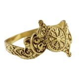 RASK V.K.N.G. Helm of awe symbol and wolf ornament Gold Ring